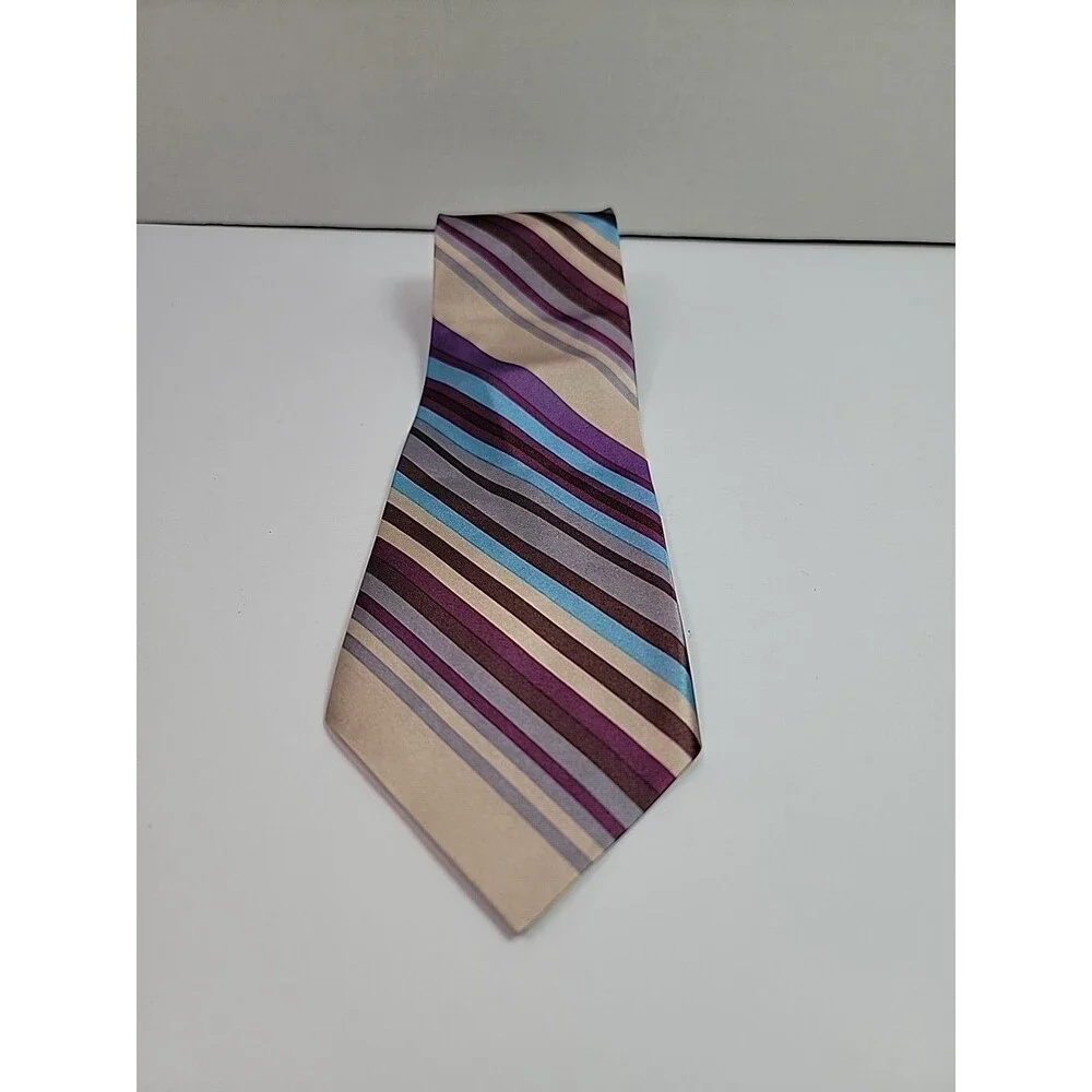 Striped Necktie Beige Purple Blue Brown 100% Polyester Mens Classic Tie